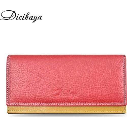 DICIHAYA Contrast Color Genuine Leather Women Wallet Purse Female Luxury Leather Long Womens Handbag Genuine Leather Pouch