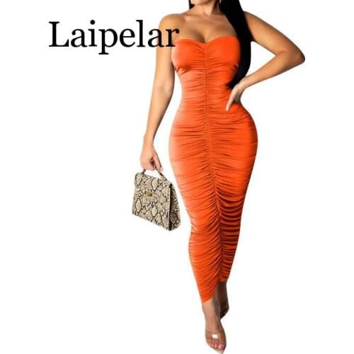 Laipelar Off The Shoulder Summer Wrap Dress 2019 Women Orange Strapless Backless Package Hip Dress Vintage Sleeveless Pleated
