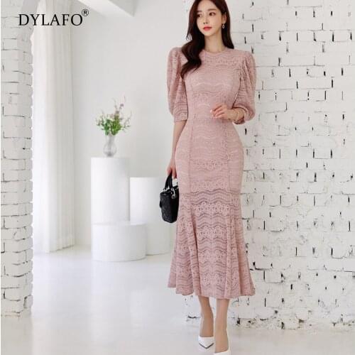 Summer Dresses 2021 New Korean Version Style Long Skirt Hollow Out Round Neck Short Sleeve Fashion Slim Lace Fishtail Dress