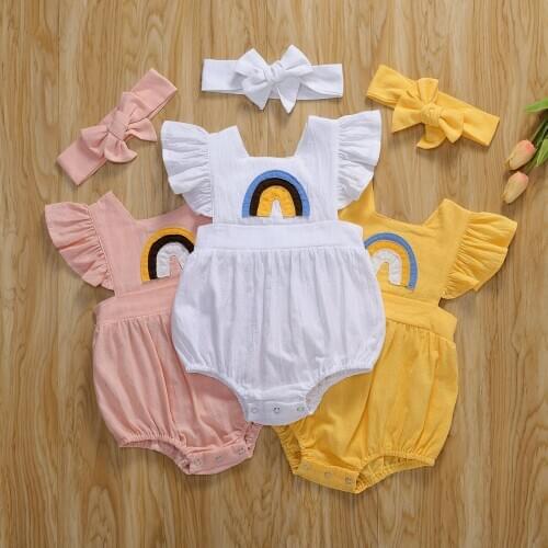 Summer Newborn Baby GIrls Jumpsuit Fly Sleeve Rainbow Striped Cotton Linen Clothes Romper Playsuit Outfits 0-24M