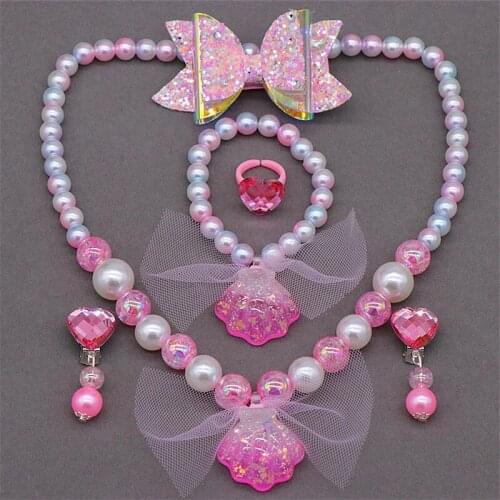 6pcs Childrens Pearl Necklace Bracelet Set Love Stars Shell Ocean Series Princess Accessories Dazzling Pink Colored Beads Set