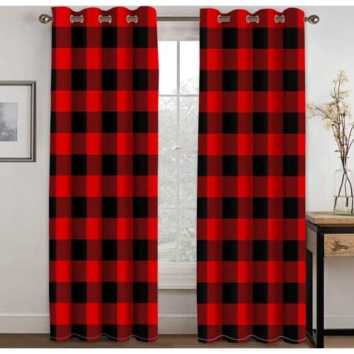 Red Striped Checkered Printed Perforated Blackout Curtains for Living Room and Bedroom Curtains, 90% Machine Washable