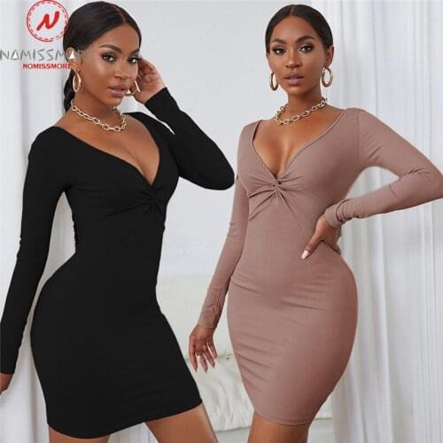 Sexy Women Solid Color Pencil Dress Kink Design V-Neck Long Sleeve Mid Waist Spring Autumn Slim Hips Mini Dress