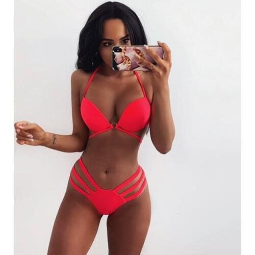 Push Up Bikini Solid Bandage Swimsuit Women Strings Swimwear Sexy Bathing Suit 2 Piece Set Women Brazilian Biquini Sexy Bikini