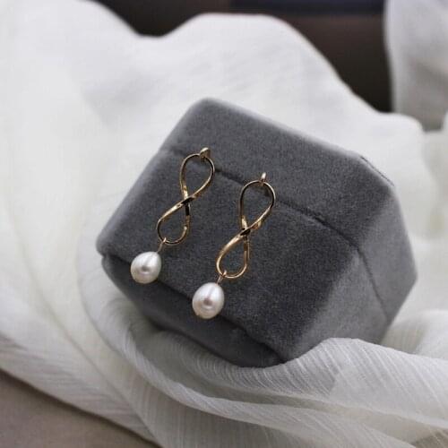 14K Gold Natural Freshwater Pearl Charm Wedding Elegant Fashion Infinite Geometric Drop Earrings Jewelry for Women Gift 2021