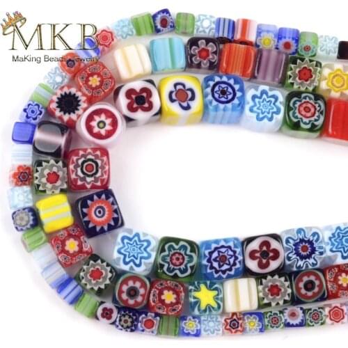 Millefiori Glass Beads Petal Mixed Color Flat Disc Cube Beads For Jewelry Making 4-10mm Spacer Loose Beads Fit Diy Bracelet 15"