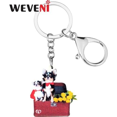 WEVENI Acrylic Trunk Chihuahua Dog Keychains Keyring Pet Animal Key Chain Jewelry For Women Kids Girls Fashion Gift Car Charms