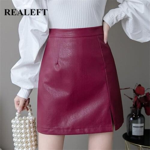 REALEFT Autumn Winter Faux PU Leather Women Short Side Split Skirt 2021 New High Waist Black Office Wrap Sexy Mini A-Line Skirts