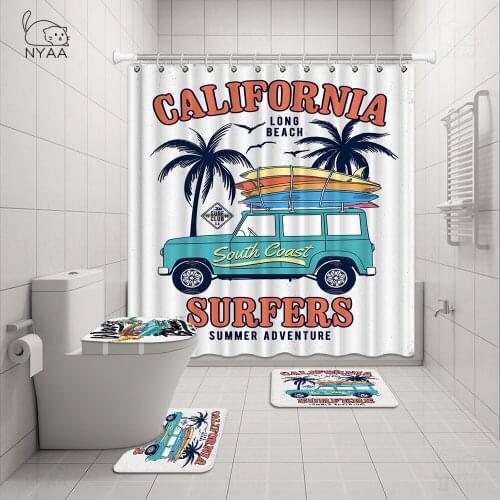 Old Retro Car Camper Van Shower Curtain for Bathroom Classic Surfing Summer Holiday Bath Curtains and Bath Mat Rug Carpet Set