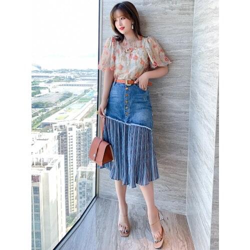 High quality High waisted breasted denim striped skirt with irregular stitching 2021 summer new pattern