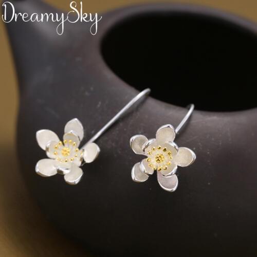 DreamySky 100% Real Silver Color Brand Big Flower Earrings For Women Party Jewelry Gift Pendientes
