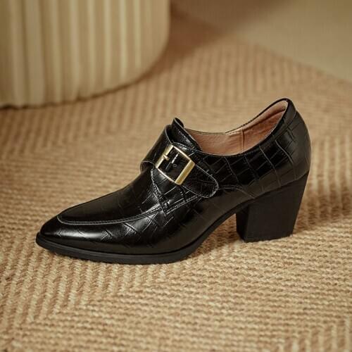 SKLFGXZY Retro Splicing Metal Buckle Strap Genuine Leather Easy To Match Comfy Pumps Shoes Women Shoes 2021