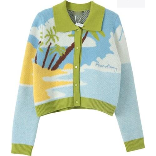 Women Autumn Vintage French Style Sunshine Print Short Knitted Sweater Chic Lady Fashion Single Breasted Loose Cardigans Femme