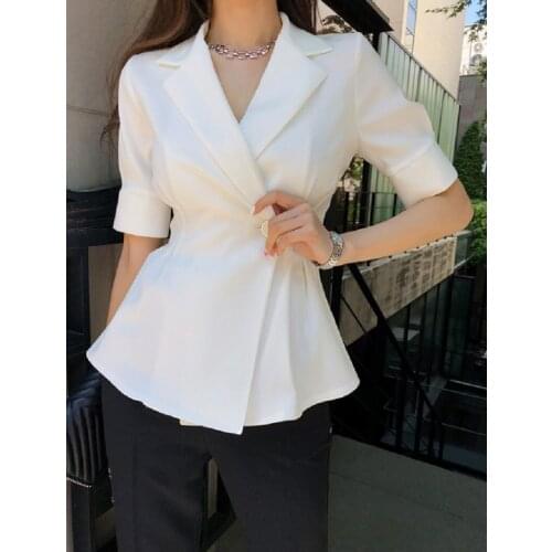 Office Ladies Single Button Blazer Elegant Short Sleeve Slim Waist Female Suit Jacket Summer Casual Women Outwear Tops