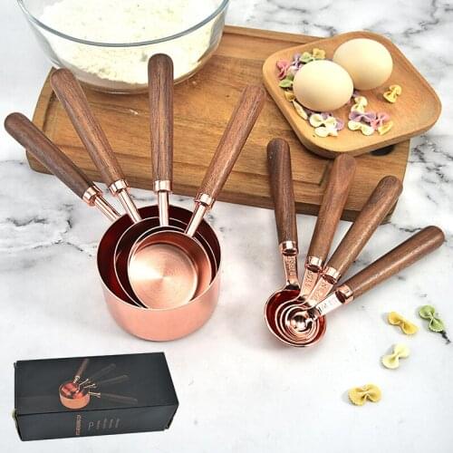 Golden Mixing Wine Engraving Measuring Spoon Set Walnut Handle Copper Plated Spoon Measuring Cup Kitchen Baking Tool Wholesale