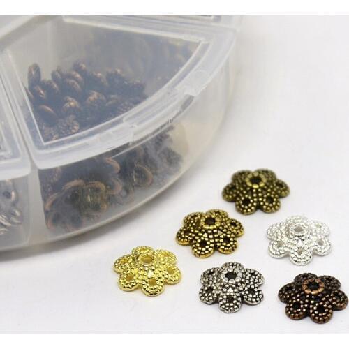 180pcs/Box DIY Fashion Tibetan Style Alloy Flower Bead Caps Mixed Color Jewelry Beads End Caps for Jewelry Making Hole 1.5mm