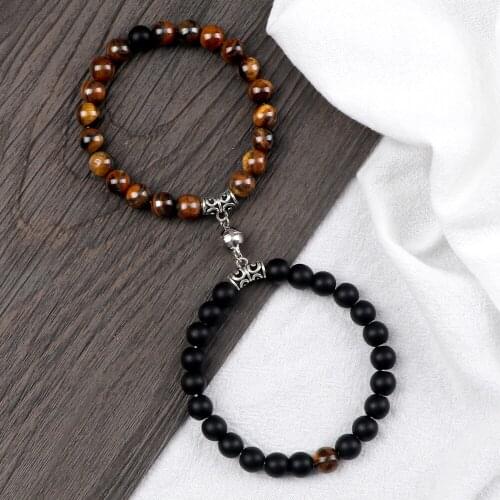 2Pcs/Set Couple Love Magnet Bracelet 6 8MM Tiger Eye Round Ball Pendant Bangle Chain Jewelry Gift Friendship Jewelry Pulsera New