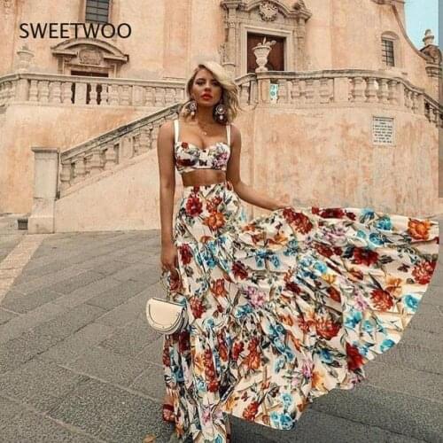 2021 Summer Two-Piece Suit Feminine Print Sleeveless Bohemian Sling Two-Piece Casual Party Club Long Skirt Suit Vestidos