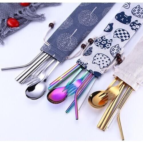 7PCS Reusable Stainless Steel Tableware Set Portable Dinnerware Kit With Cloth Pack for Outdoor Camping Picnic Travel Office