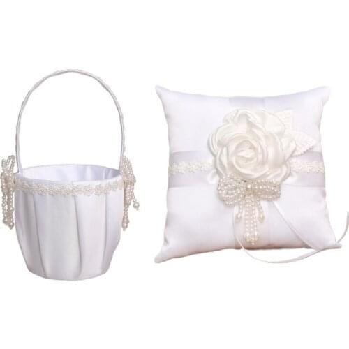 Bridesmaid White Basket with Handle Wedding Flower Holder Ivory Color Pillow