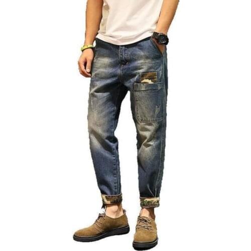 Harem Jeans Men Camouflage Patchwork Streetwear Trousers Plus Size Baggy Biker cowboy Joggers Pockets Casual Denim Pants