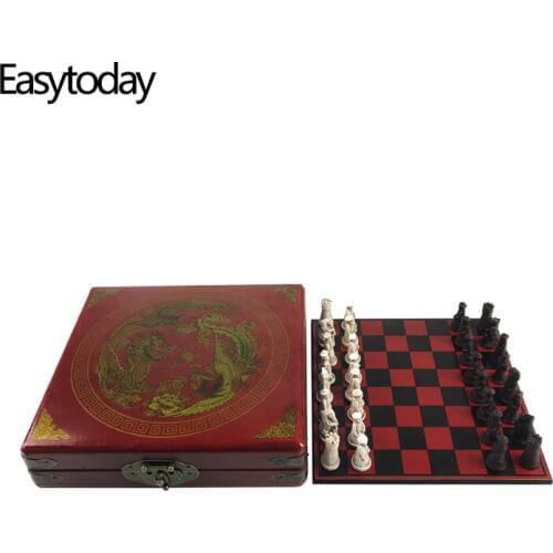 Easytoday Traditional Chess Wooden Games Set Synthetic Wood Chess Board Antique Resin Chess Pieces High Quality Game Gift