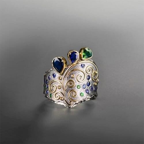 FFLACELL New Fashion Classic Mixed Color Irregular Pattern Inlaid Green Blue Zircon Ring Men And Women Party Jewelry Rings