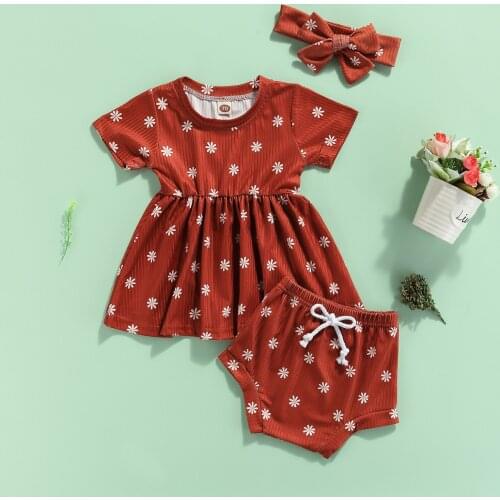 Summer 3 Pieces Kids Suit Set Toddler Daisy Print Round-Neck Short Sleeve Dress+ Shorts+ Headband for Girls 0-24 Months