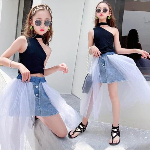 Summer New Fashion Sets Children Sleeveless Toops + Skirts 2pcs Suits Baby Girl Denim Mesh Patchwork Skirt Teenage Sets Wz266