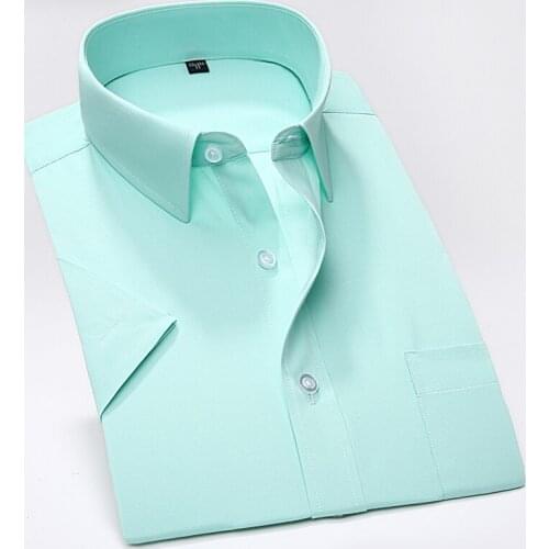 Summer business work shirt square collar short sleeved plus size S to 7xl solid twill striped formal men dress shirts no fade