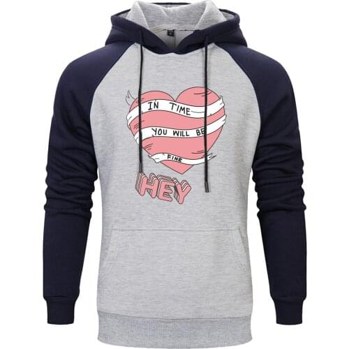 Mens Raglan Hooded Heart Hey Printing Sweatshirt Hoodie Hipster Pullovers Tops Clothing Winter Autumn Loose Fit Tracksuits Homme