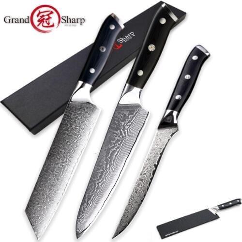 Damascus Kitchen Knives Sets 3 pcs Kitchen Knife Set Chef Kiritsuke Boning vg10 Japanese Steel Damascus Knife Pro Cooking Tools
