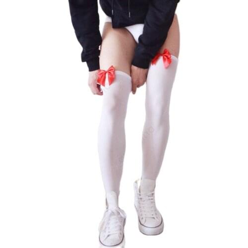 White Nylon Socks Fetish Cross Dressing Sexy Red Bowtie Bowknot Stocking Man