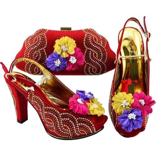 2020 Newest Elegant Party Red Color Crystal Style Italian Design Noble Ladies Shoes and Bag Set Decorated With Rhinestone