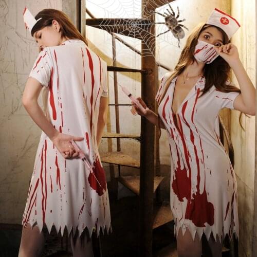 2021 Halloween New Bloody Female Nurse Cosplay Costume for Women Horror Zombie Carnival Party Sexy Tight Irregular Mini Dress