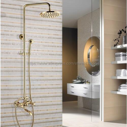 Luxury Gold Color Brass Wall Mounted 8" Rain Shower Faucet Mixer Set with Bathroom Shower Faucet Hand Shower Sprayer Ngf382