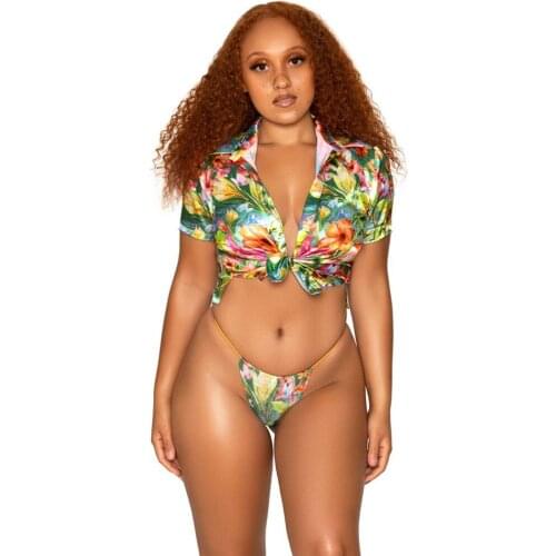 Sexy Print 3 Piece Set Bikini Sets Backless Halter Bra Top+half Sleeve Blouse+sexy Short Underpant Fashion Beachwear Swimsuit