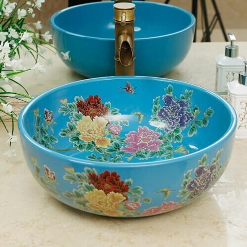 Blue China Artistic Porcelain Countertop ceramic wash basin bathroom sinks peony pattern