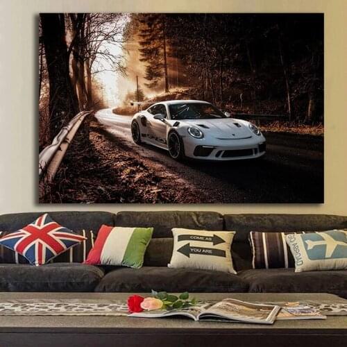 Modern Supercars 911 GT3 RS Wall Art Canvas Paintings White Car Forest Picture Print Home Decoration For Bedroom Office Unframed