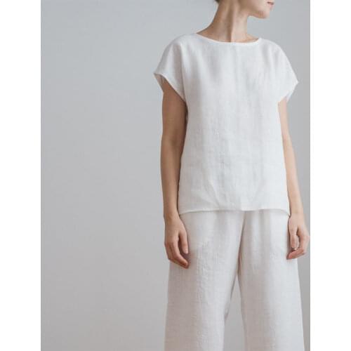 Short sleeve round neck top versatile comfortable and refreshing linen Pullover loose 0515