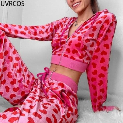 UVRCOS Summer Pink Two Piece Set Womens Casual Cute And Romantic Streetstyle Love Pattern Print Hooded Tees+High Waist Pants Set