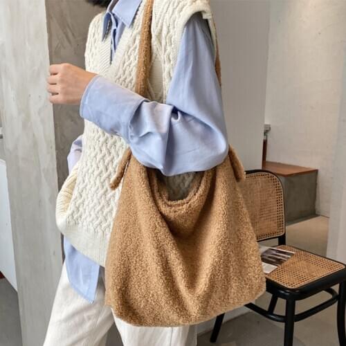 Women Lamb Like Fabric Shoulder Bag Simple Canvas Handbag Tote Large Capacity Solid Color Shopping Bag Cute Book Bags For Girls