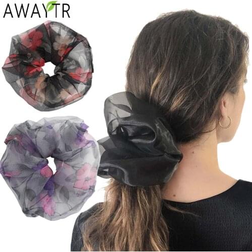 AWAYTR Mesh Girls Scrunchies Rubber Bands Organza Hair Ties Rope Ponytail Holder Flower Printed Hair Band Hair Accessories