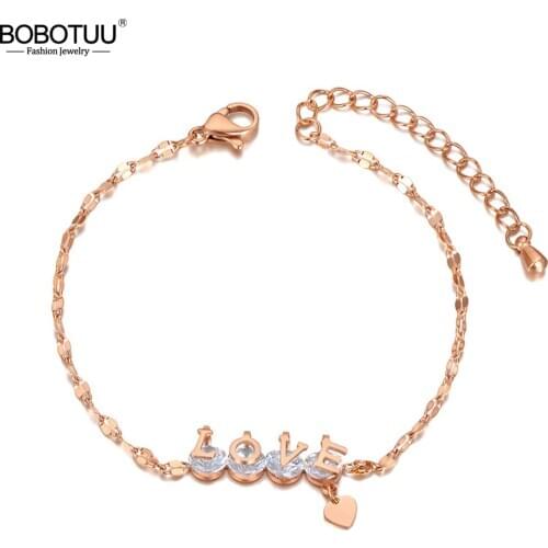 BOBOTUU Titanium Stainless Steel Love Heart Charm Bracelets For Women Trendy CZ Crystal Chain Link Bohemia Jewelry BB20082