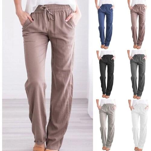 Womens Straight Leg Pant Cotton Linen Regular Fit Pant Summer Casual Pants Drawstring Long Trousers with Pockets S-3XL d88