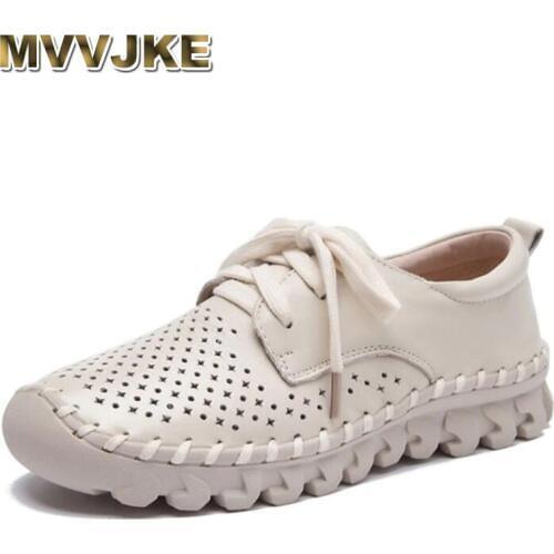 MVVJKE Summer Women Shoes Casual Cutouts Handmade Genuine Leather Shoes Hollow Floral Breathable Platform Flat Shoe sapato femin