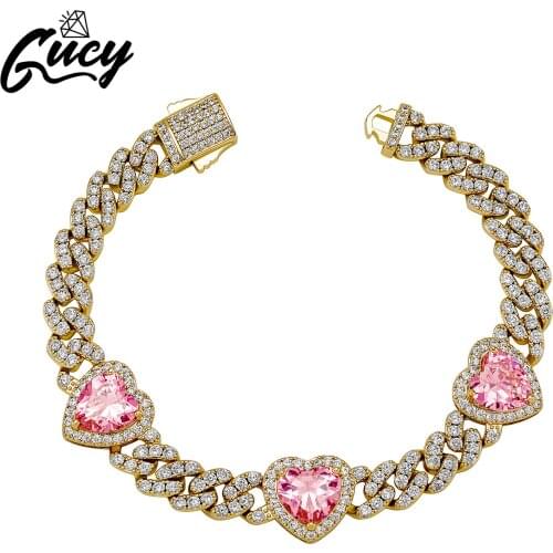 GUCY Fashion Hip Hop Bling Full Ice Out Cuban Chain Necklace Bracelet With Heart Shape For Women Gift Jewelry