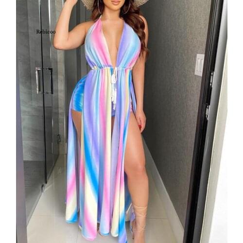 Women Elegant Color Gradient Print Irregular Long Dress Ladies Sexy Sleeveless Halter High Waist Split Dress