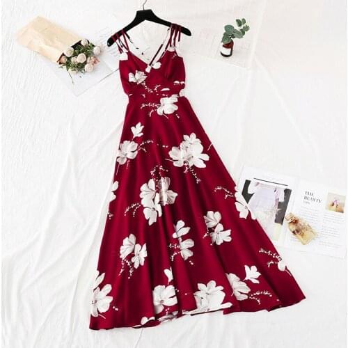 2020 New Summer Sexy Suspenders Backless Print Dress Women Bohemian High Waist Fashion Chiffon Long Dresses Female Vestidos Z077