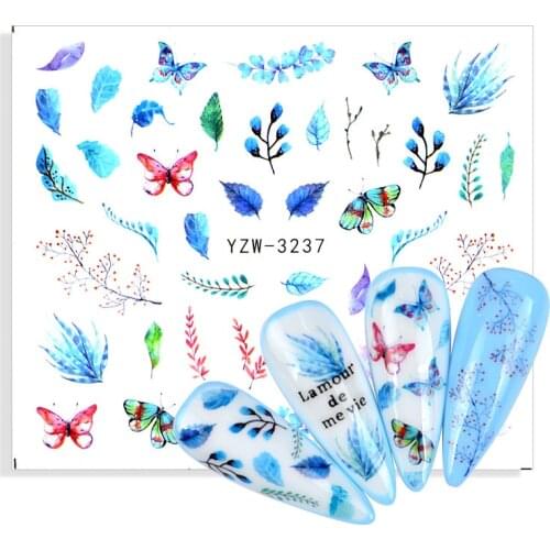 1pcs Blue Leaves Flower Nail Water Sticker Leaf Butterfly Abstract Image Transfer Sliders Decals Nail Art Decoration Foil